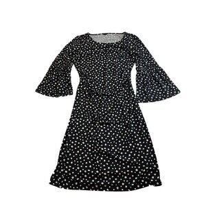 TALBOTS Black S Dress Leaves Print Gathered Ruching 3/4 Bell Sleeve Slip